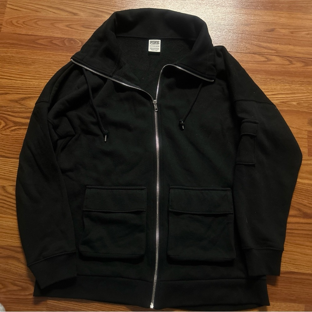 Victoria secret pink black fleece cargo full zip up jacketed sweatshirts size xs